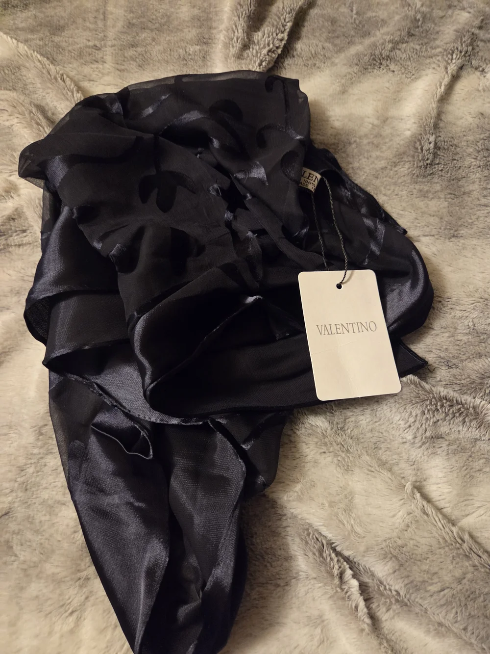 Valentino Navy Sheer Scarf with Scroll Motif NWT